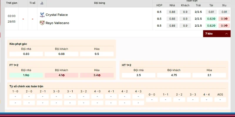 Soi tỷ lệ cược trận Crystal Palace vs Rayo Vallecano