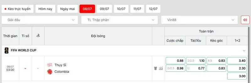 Bảng kèo chi tiết cập nhật cho cặp đấu Thụy Sĩ vs Colombia
